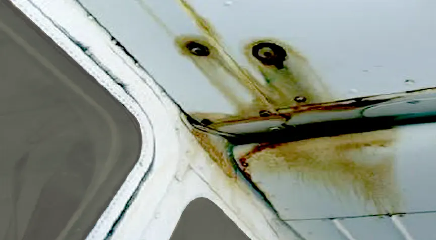 Evidence of fuel leakage can be found along rivet lines
