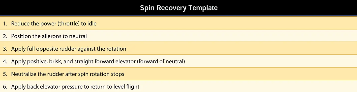 Airplane spin recovery template