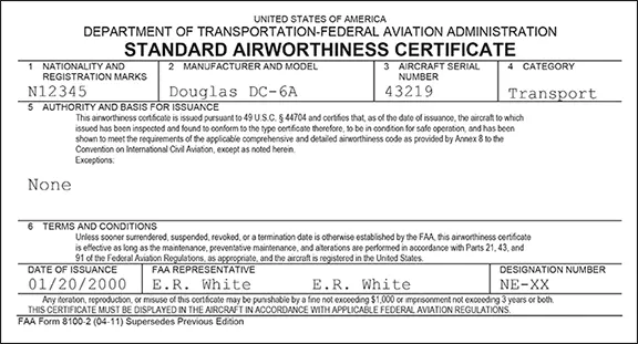 FAA Form 8100-2, Standard Airworthiness Certificate