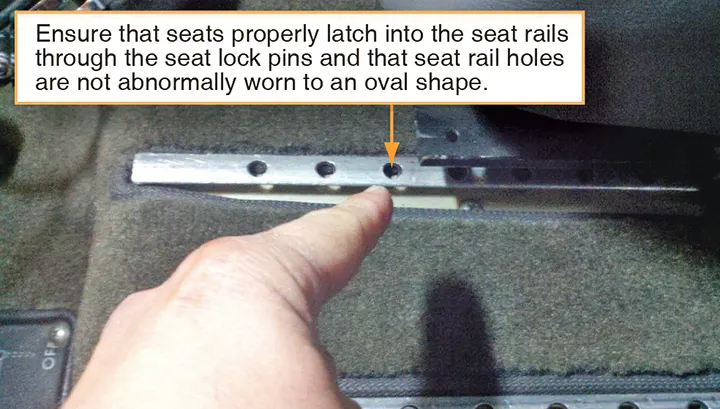 Seats should be inspected to ensure that they are properly latched into the seat rails and checked for damage
