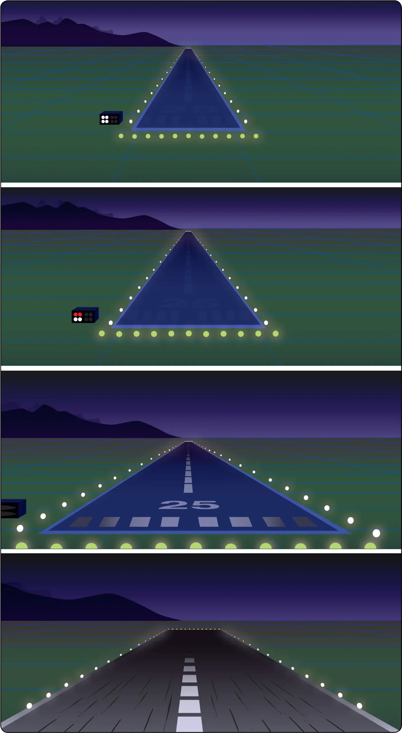 Landing lights and tire marks on the runway