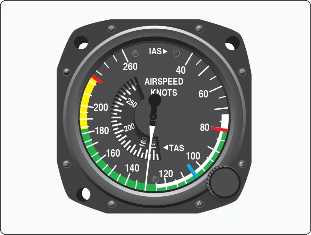 Airspeed indicator in the airplane cockpit