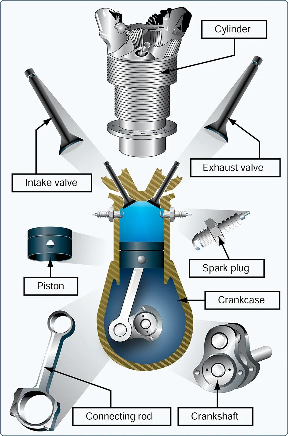 Main components of a spark ignition aircraft reciprocating engine