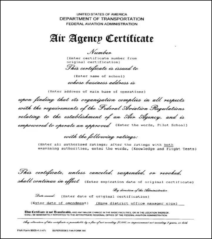 FAA Form 8000-4, Air Agency Certificate