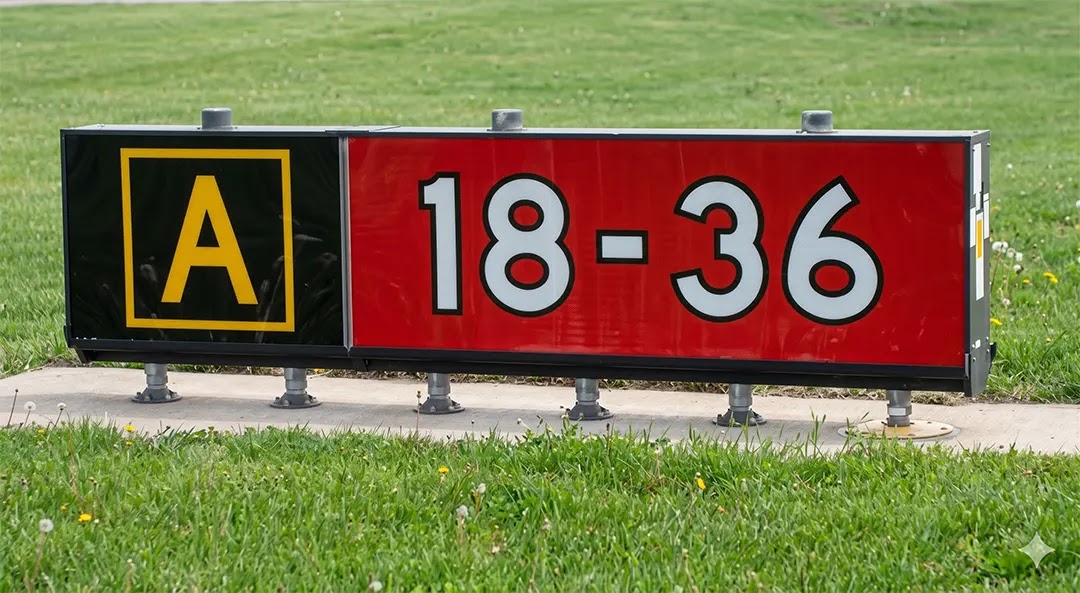 Runway holding position sign at a location other than the takeoff end of Runway 18-36 with collocated Taxiway Alpha location sign