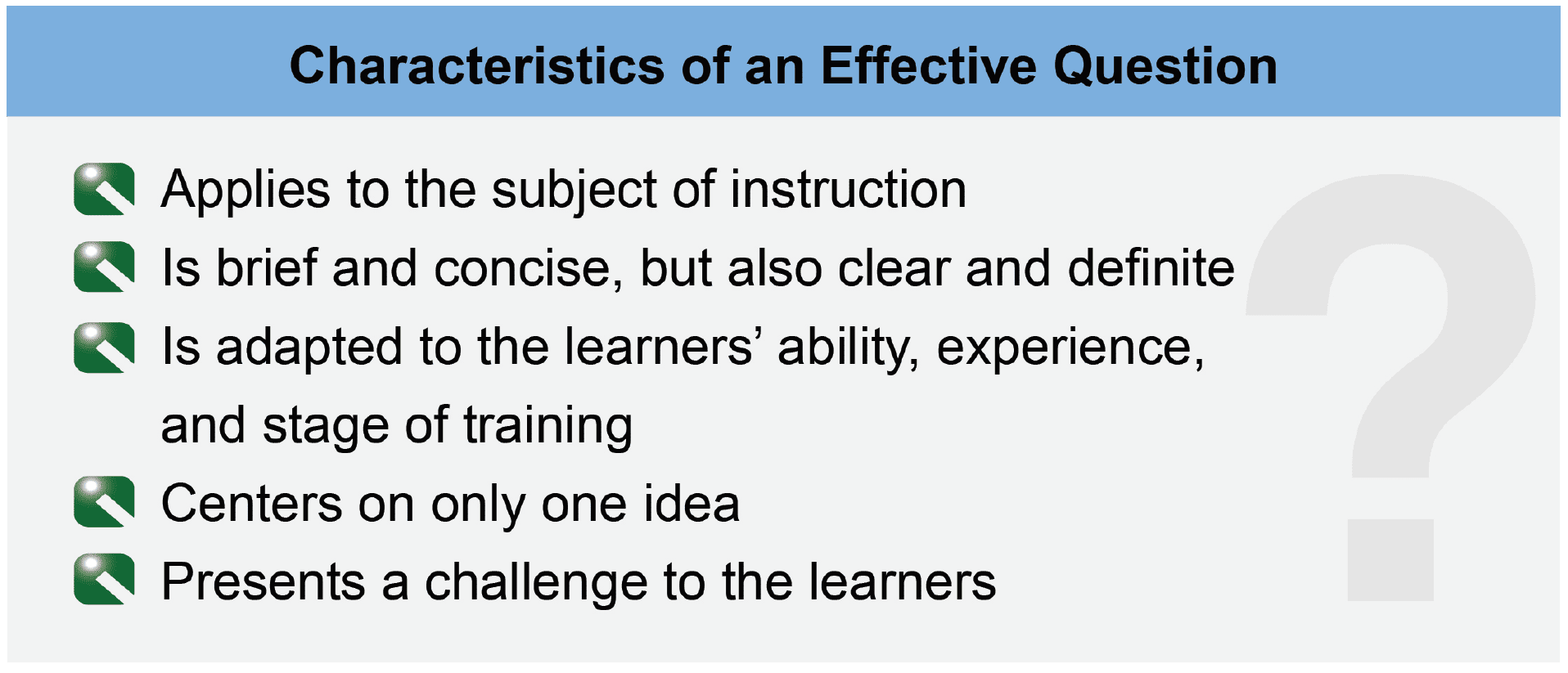 If the objectives of a lesson are clearly established in advance, instructors will find it much easier to ask appropriate questions that keep the discussion moving in the planned direction Training Delivery Methods
