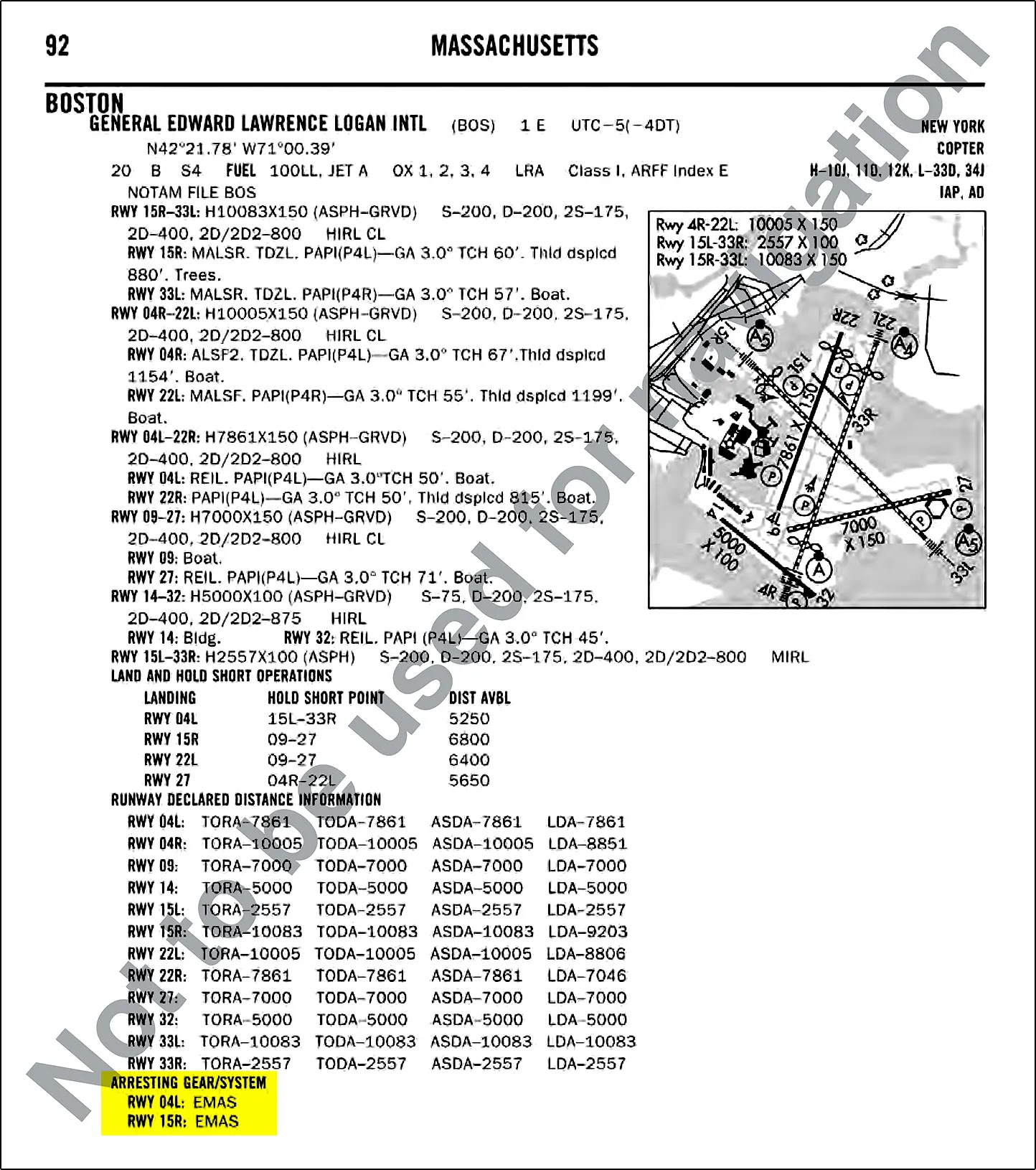 EMAS information for Boston Logan International Airport located in the Chart Supplement U.S. (formerly Airport/ Facility Directory)
