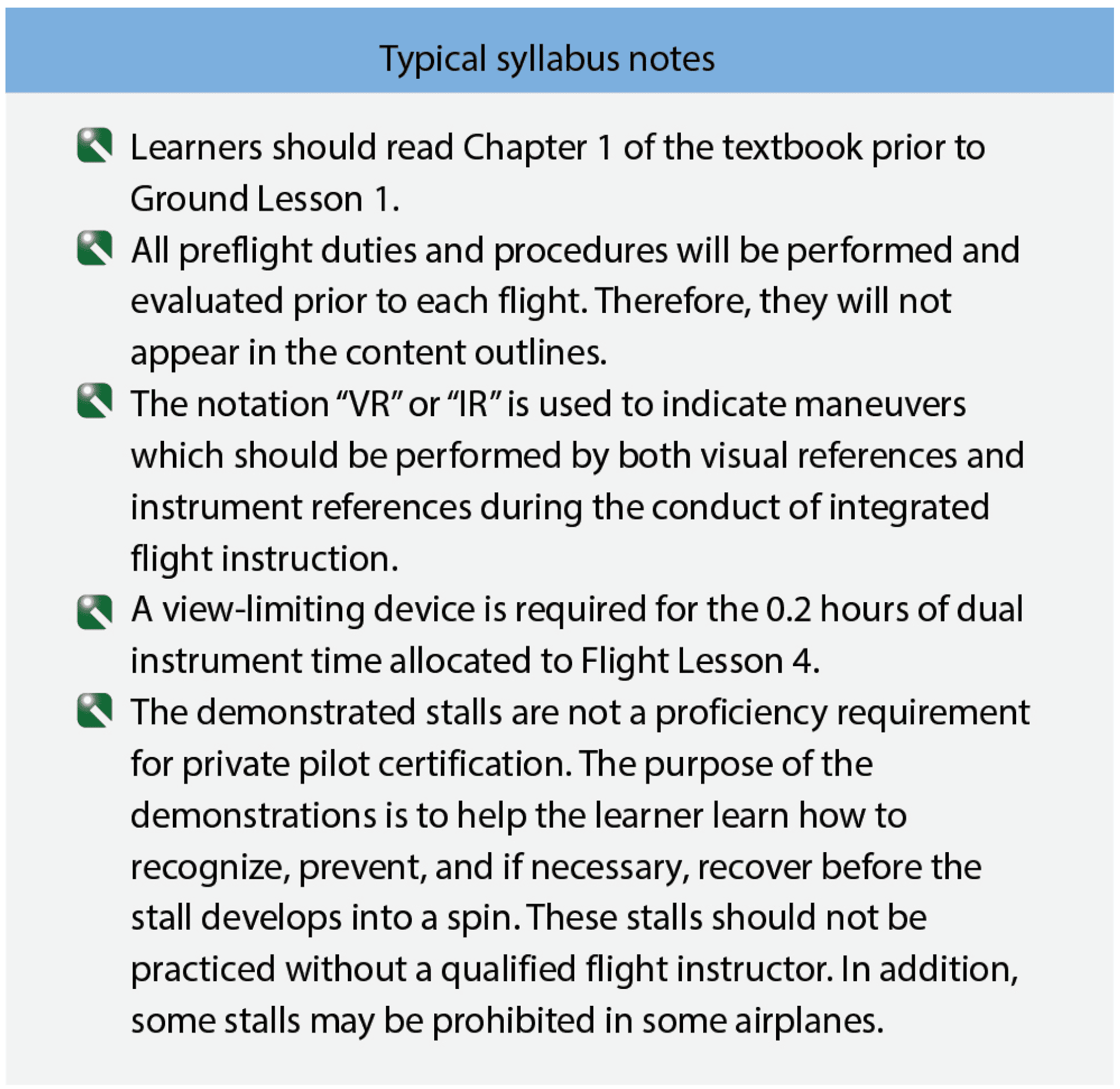 Information in the form of notes may be added to individual ground or flight lessons in a syllabus when they are necessary Training Syllabus, Planning Instructional Activity